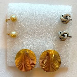 3 Pairs Monet Clip Earrings, pearl, gold, silver